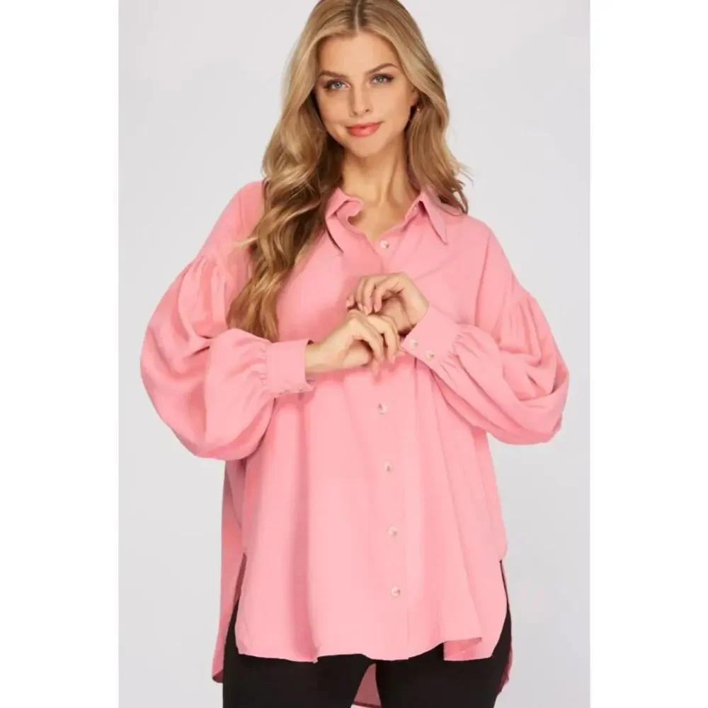 Rose Pink Button Down Blouse Balloon Sleeve Flowy Top Size Small - Picture 1 of 6